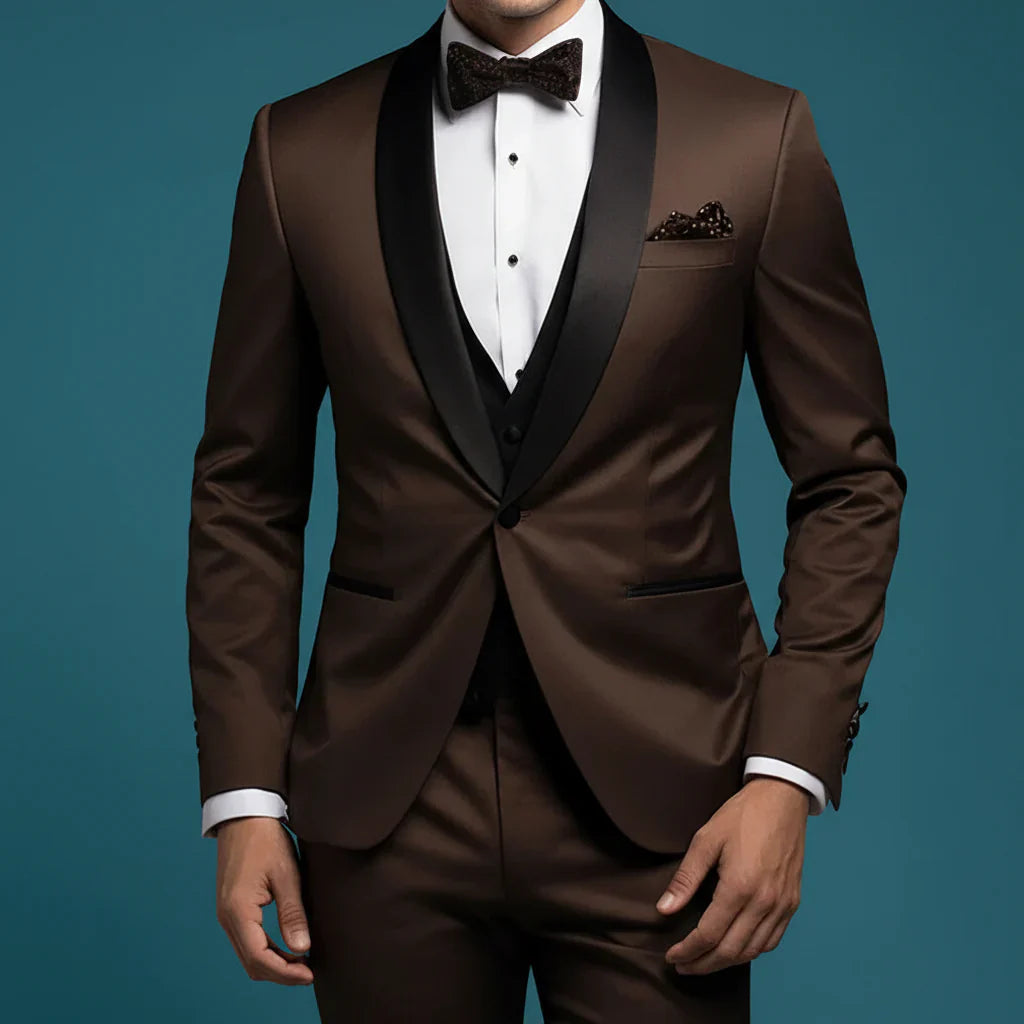 Dark Brown Men's Suit Set with Black Shawl Lapel for Formal Events