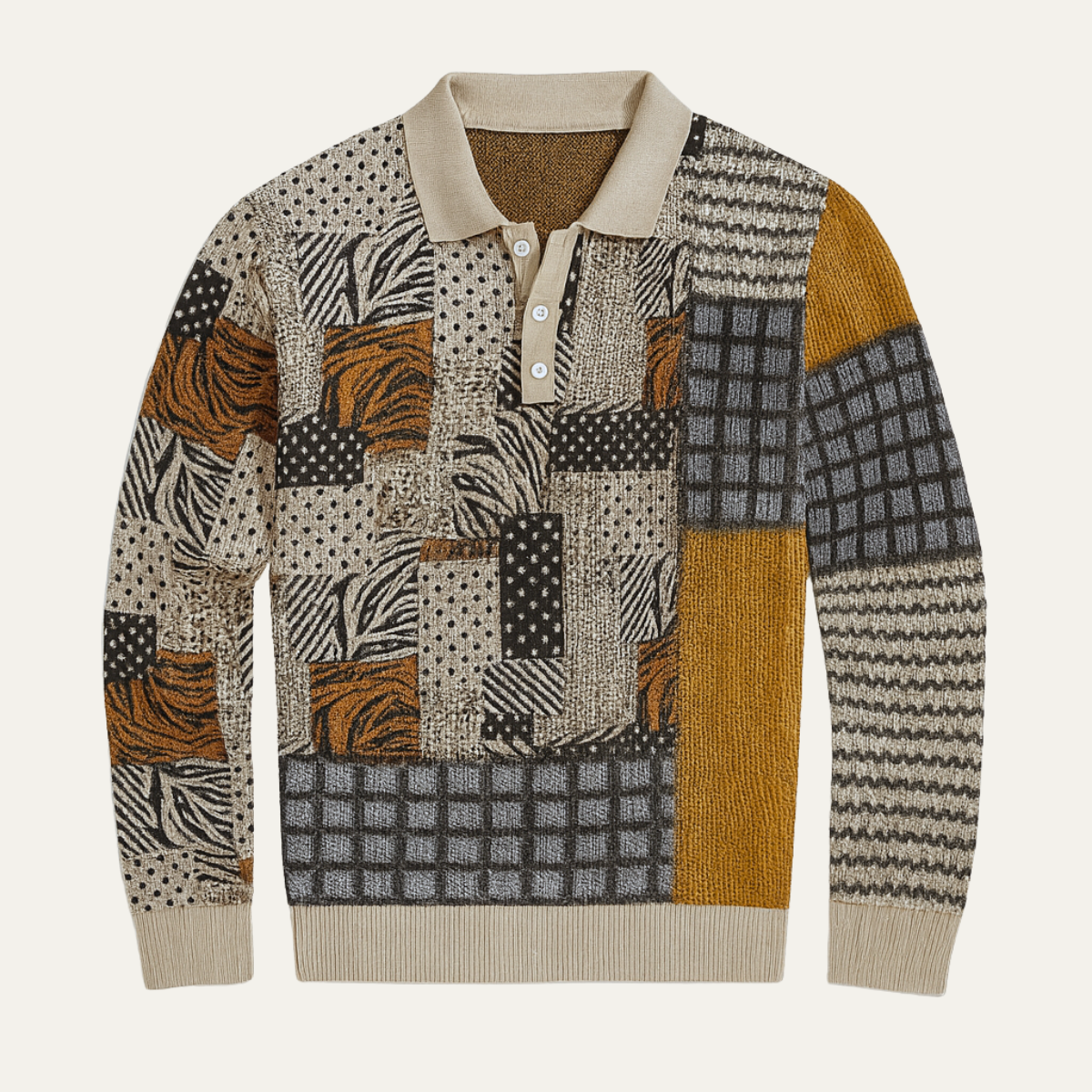 The Capri Men’s Vintage Patchwork Print Button Neck Polo Sweater