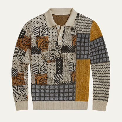 The Capri Men’s Vintage Patchwork Print Button Neck Polo Sweater