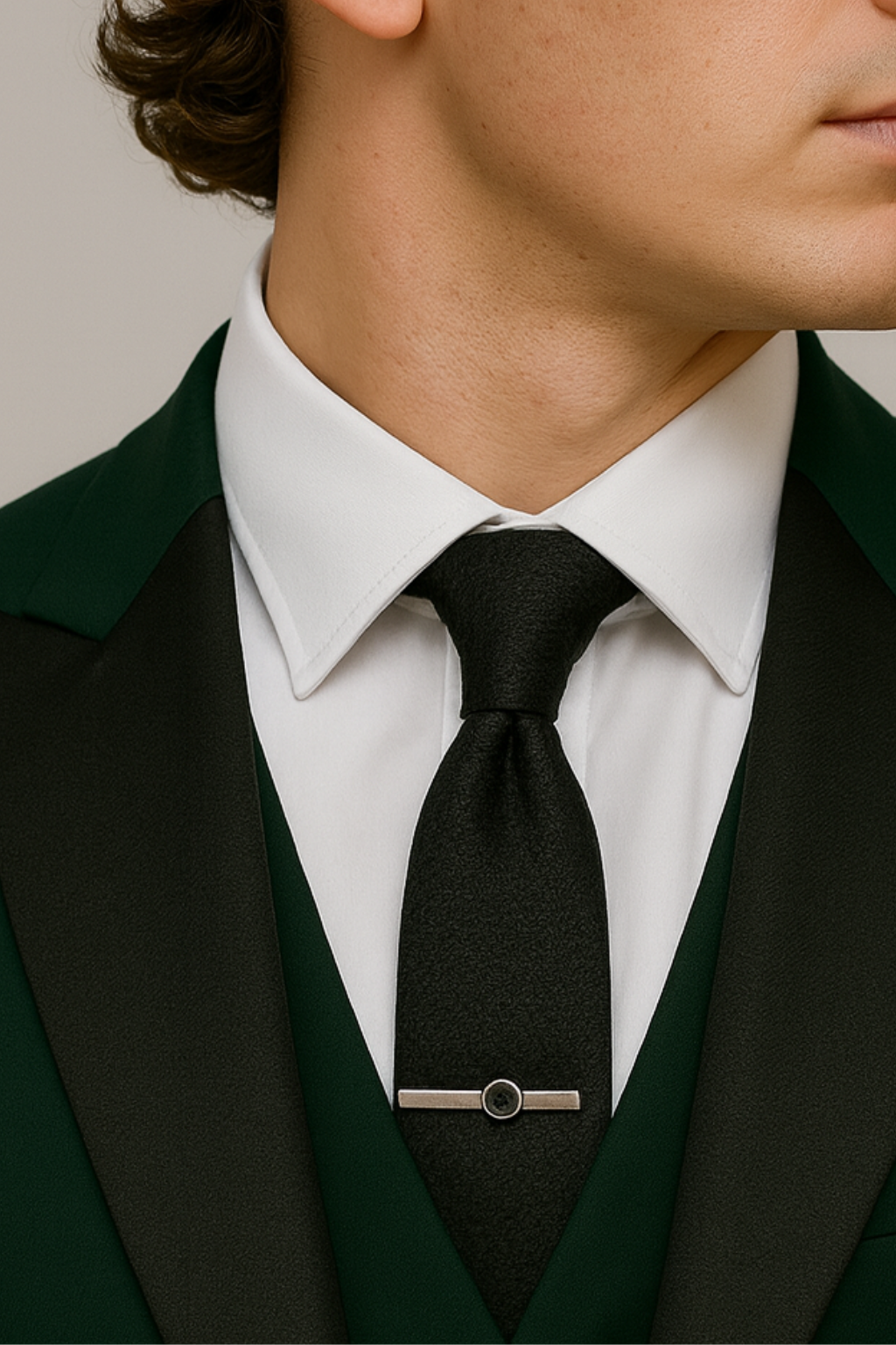 Men’s Dark Green Three-Piece Suit - Stylish Contrast Lapel for Formal Events