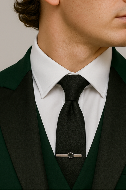 Men’s Dark Green Three-Piece Suit - Stylish Contrast Lapel for Formal Events