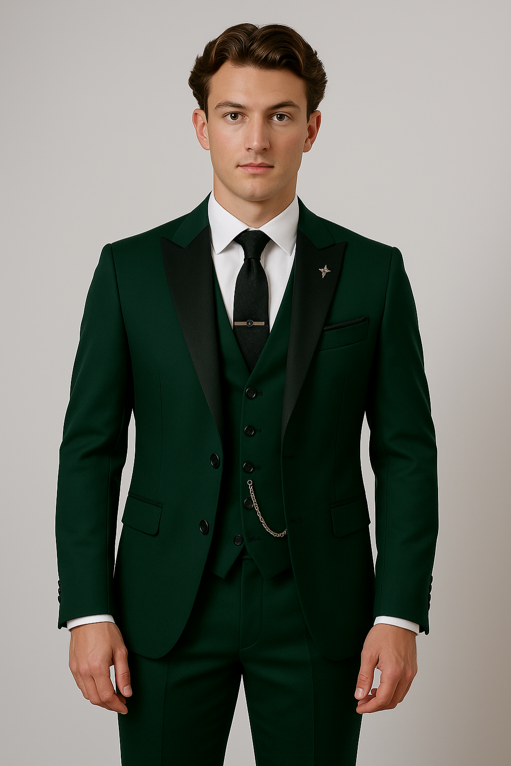 Men’s Dark Green Three-Piece Suit - Stylish Contrast Lapel for Formal Events