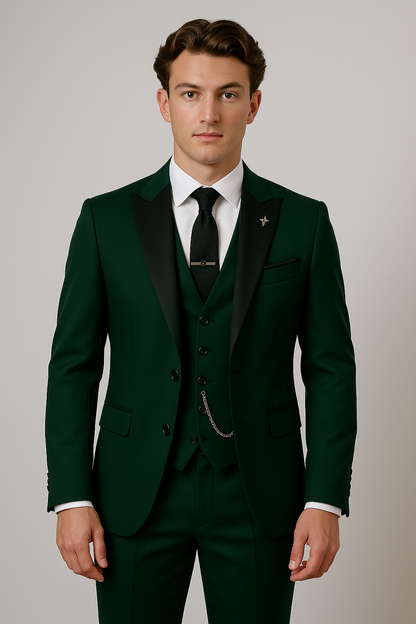 Men’s Dark Green Three-Piece Suit - Stylish Contrast Lapel for Formal Events