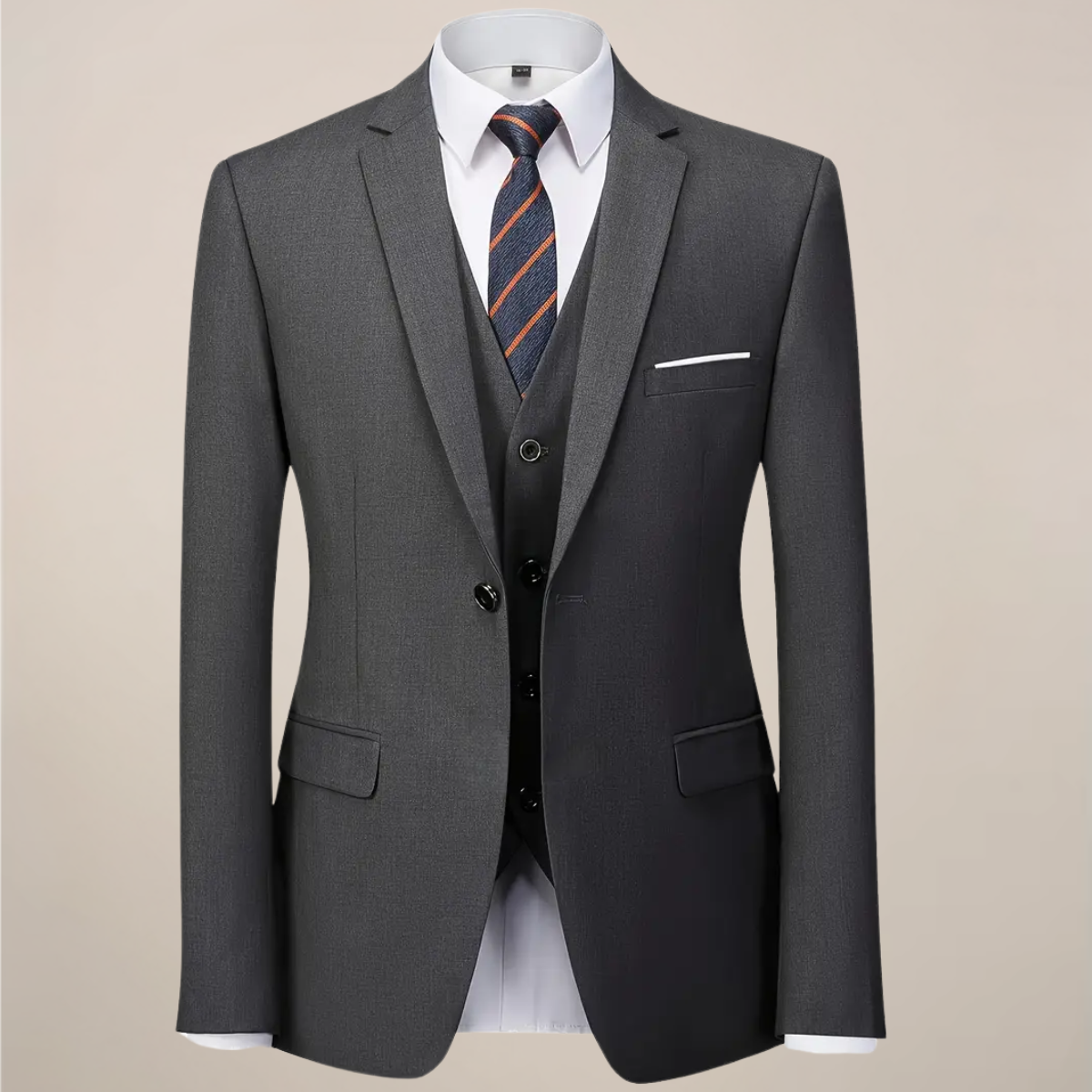 Men’s Dark Grey Slim Fit Three-Piece Suit for Weddings and Business Events