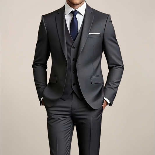 Men’s Dark Grey Slim Fit Three-Piece Suit for Weddings and Business Events