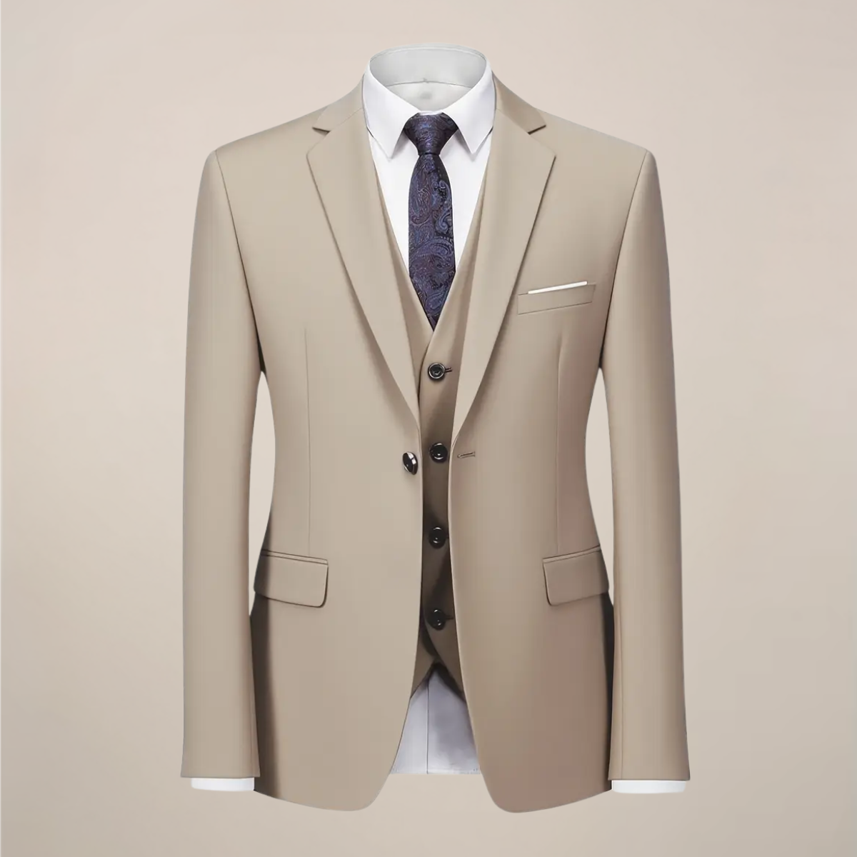 Men’s Khaki Three-Piece Suit – Slim Fit Tuxedo for Weddings and Formal Events