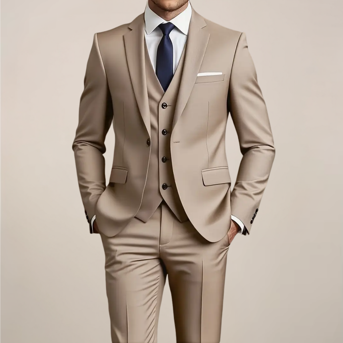 Men’s Khaki Three-Piece Suit – Slim Fit Tuxedo for Weddings and Formal Events