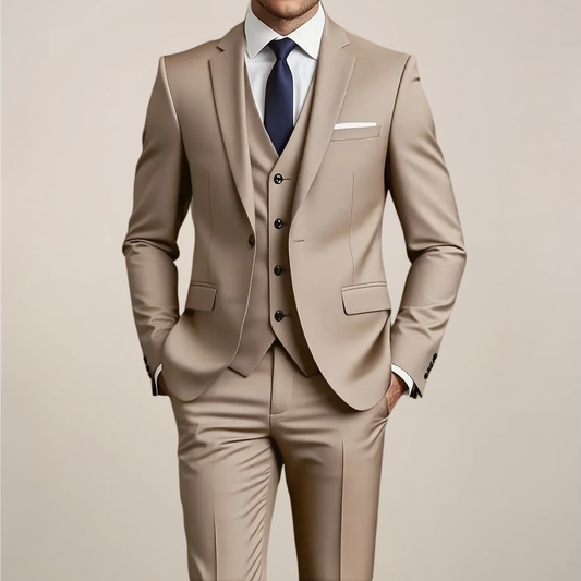Men’s Khaki Three-Piece Suit – Slim Fit Tuxedo for Weddings and Formal Events