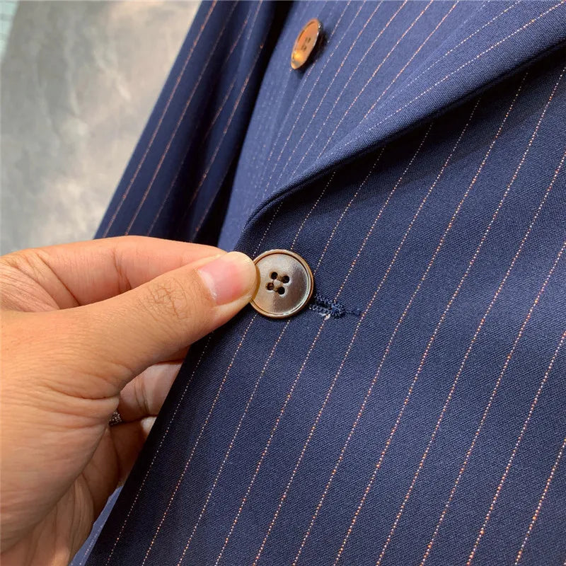 Men's Navy Blue Pinstripe Suit - Stylish Formal Attire for Business & Evening Events