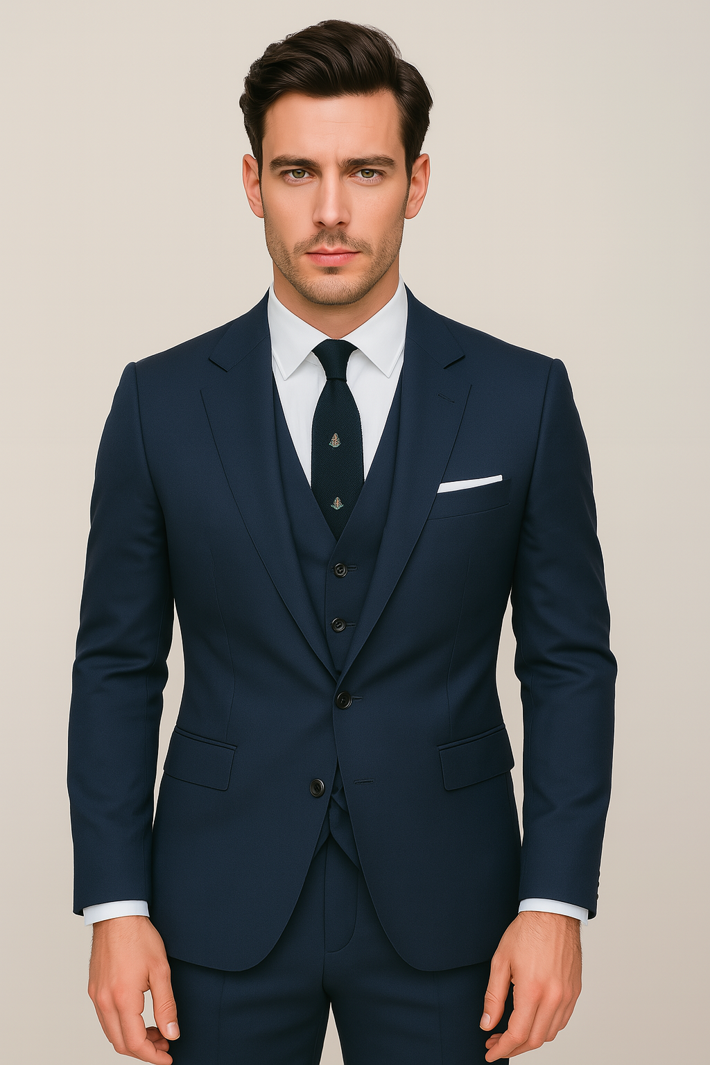 Men’s Navy Blue Three-Piece Suit Set – Blazer, Waistcoat, & Trousers for Formal Events