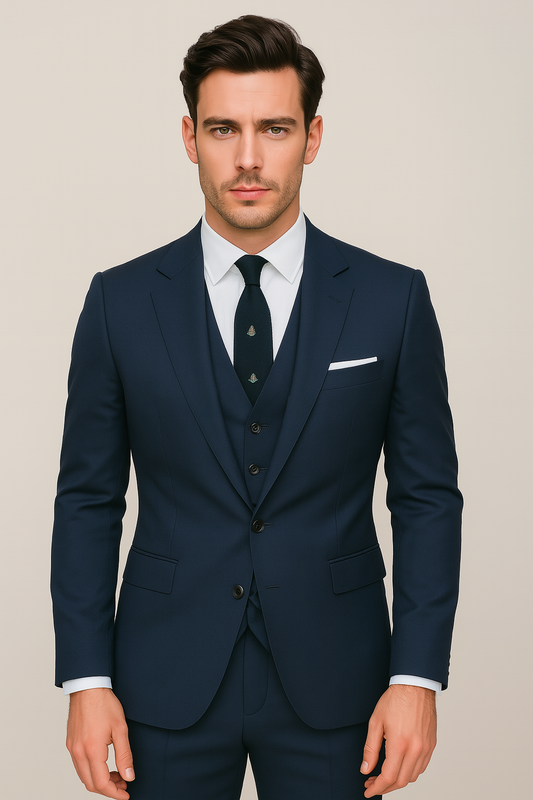Men’s Navy Blue Three-Piece Suit Set – Blazer, Waistcoat, & Trousers for Formal Events
