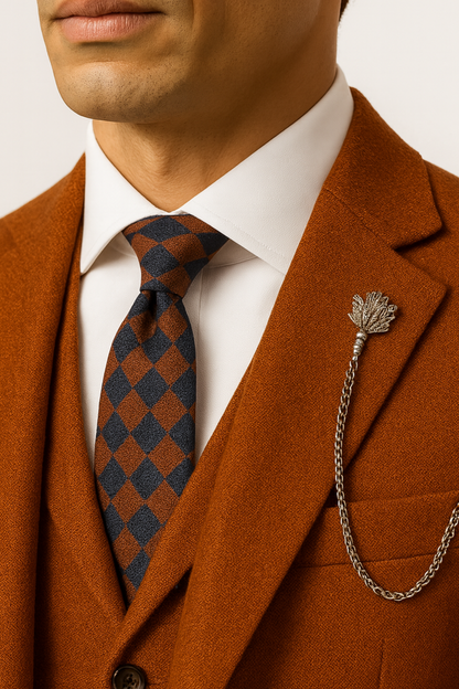 Men’s Orange Three-Piece Tweed Suit – Herringbone Blazer, Waistcoat & Trousers for Formal Events