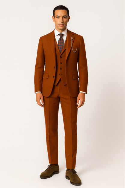 Men’s Orange Three-Piece Tweed Suit – Herringbone Blazer, Waistcoat & Trousers for Formal Events