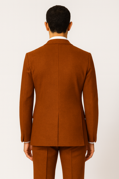 Men’s Orange Three-Piece Tweed Suit – Herringbone Blazer, Waistcoat & Trousers for Formal Events