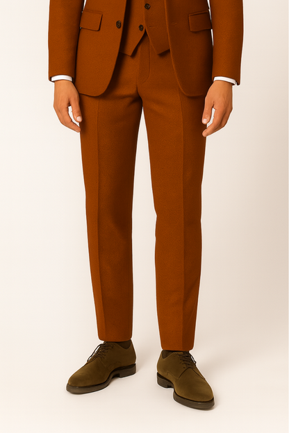 Men’s Orange Three-Piece Tweed Suit – Herringbone Blazer, Waistcoat & Trousers for Formal Events