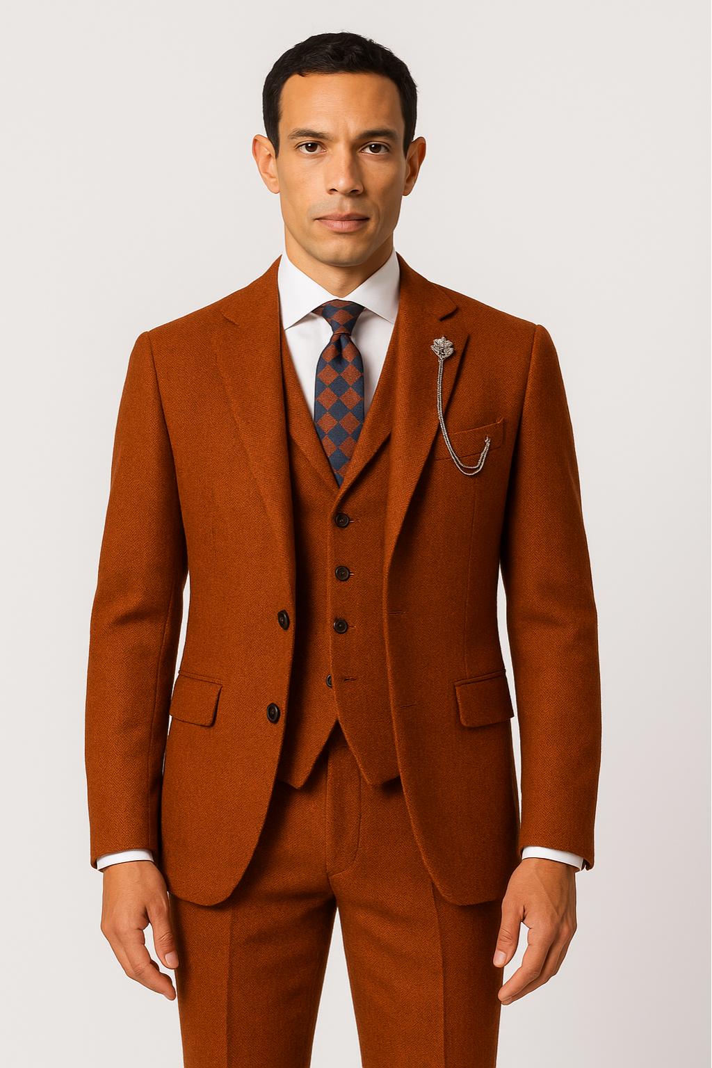 Men’s Orange Three-Piece Tweed Suit – Herringbone Blazer, Waistcoat & Trousers for Formal Events