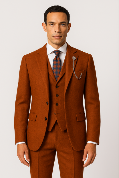 Men’s Orange Three-Piece Tweed Suit – Herringbone Blazer, Waistcoat & Trousers for Formal Events