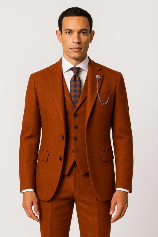 Men’s Orange Three-Piece Tweed Suit – Herringbone Blazer, Waistcoat & Trousers for Formal Events