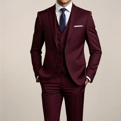 Men’s Slim Fit Burgundy Three-Piece Suit for Weddings & Formal Occasions