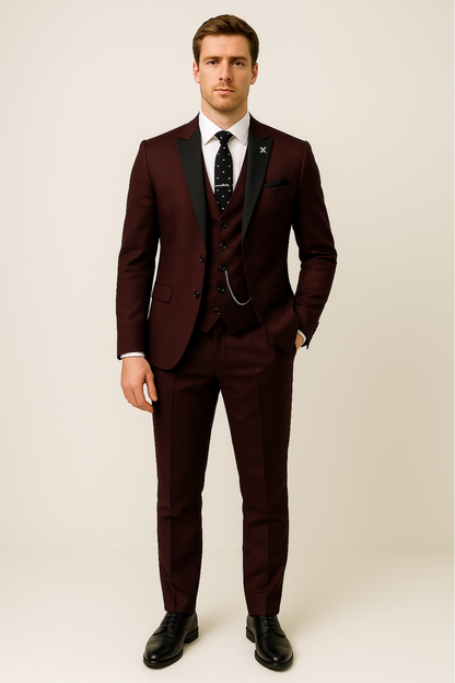 Burgundy Men's Three-Piece Suit for Formal Events