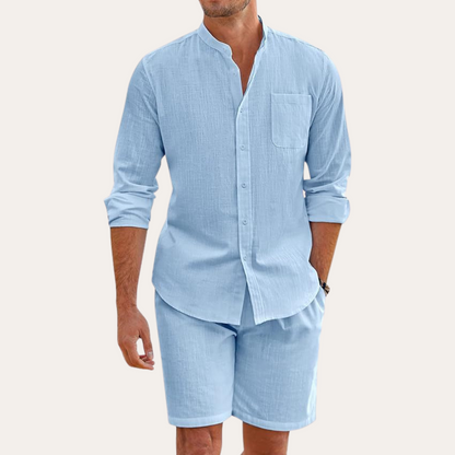 Men's Summer Two-Piece Set – Long Sleeve Shirt & Shorts for Beach or Outdoor Wear