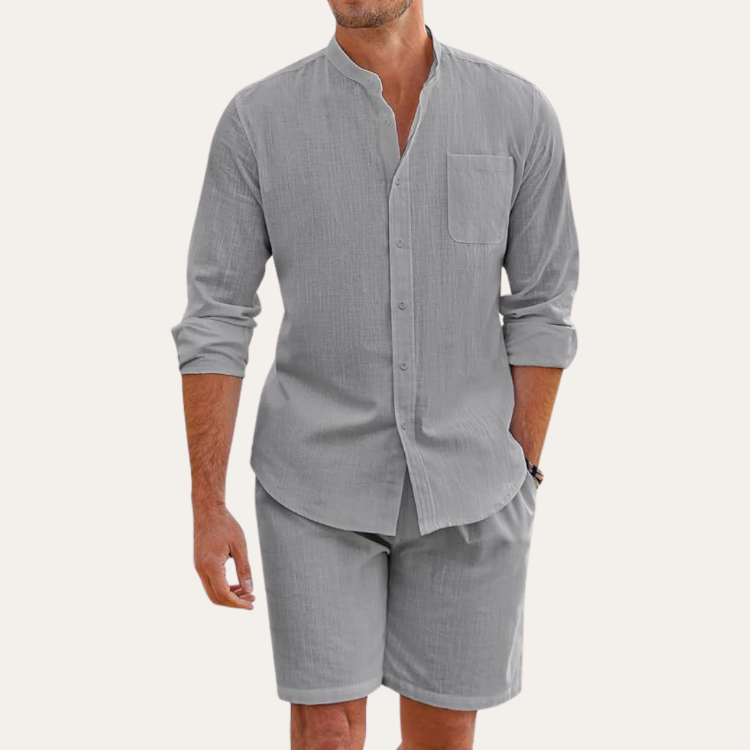 Men's Summer Two-Piece Set – Long Sleeve Shirt & Shorts for Beach or Outdoor Wear