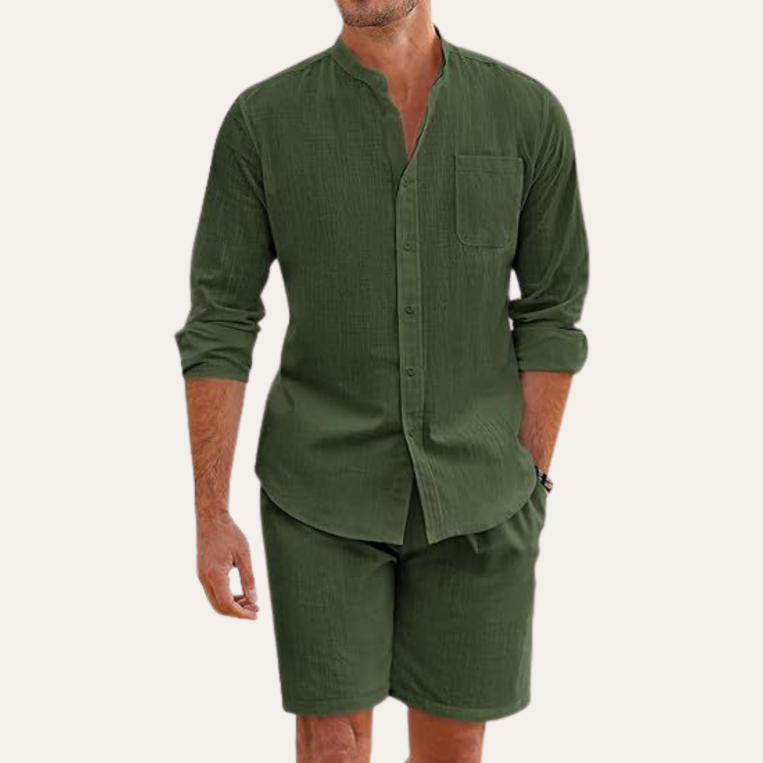 Men's Summer Two-Piece Set – Long Sleeve Shirt & Shorts for Beach or Outdoor Wear