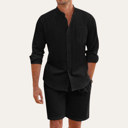 Men's Summer Two-Piece Set – Long Sleeve Shirt & Shorts for Beach or Outdoor Wear