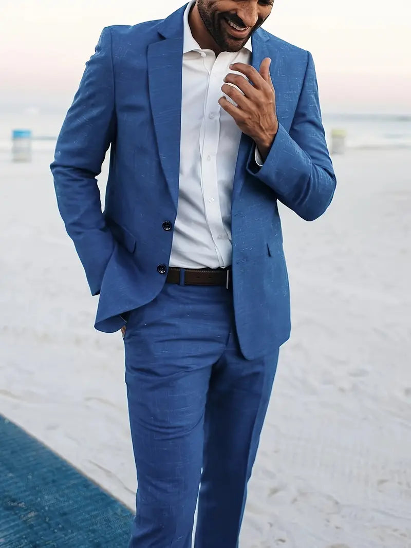 Men's Linen Blend Suit Set - Slim Blazer & Trousers for Formal Events