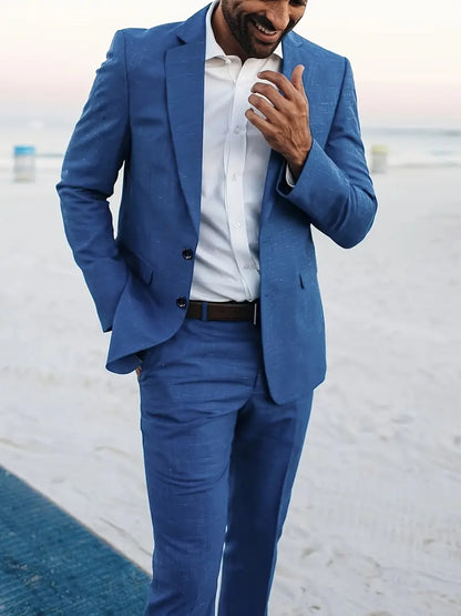 Men's Linen Blend Suit Set - Slim Blazer & Trousers for Formal Events