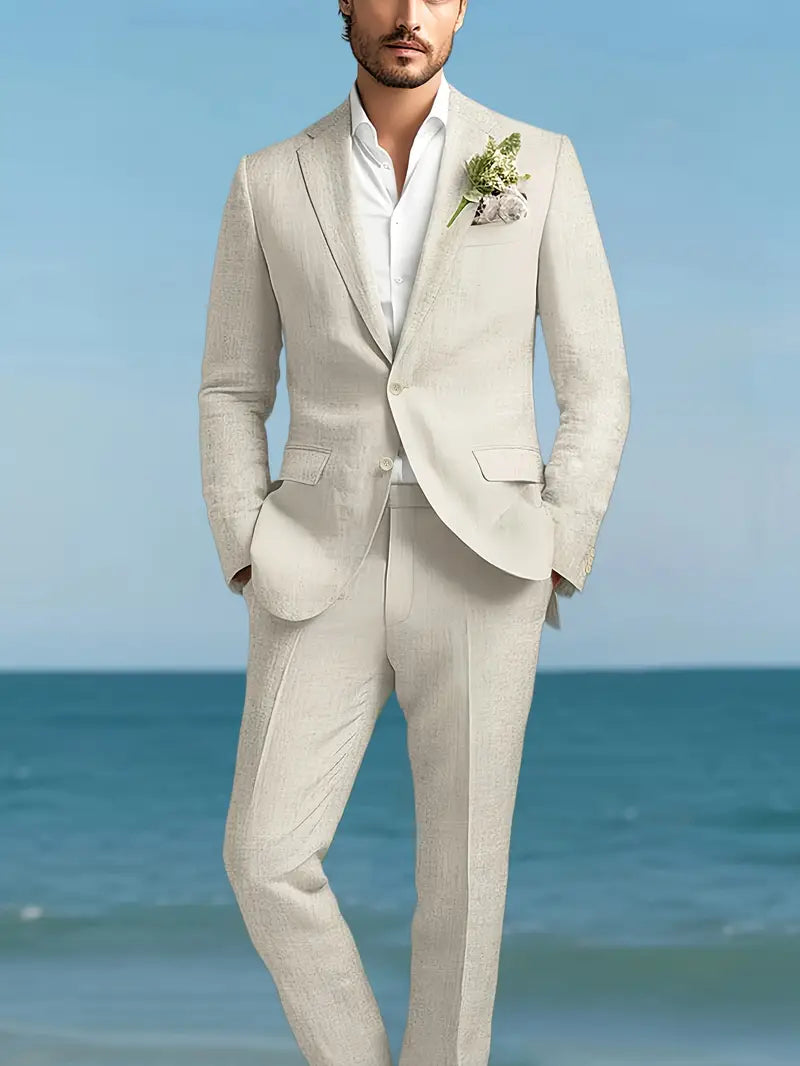 Men's Linen Blend Suit Set - Slim Blazer & Trousers for Formal Events
