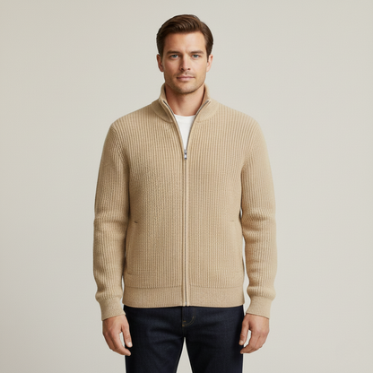 The Lisbon Men’s Knitted Full Zip Merino Wool Cardigan – Beige