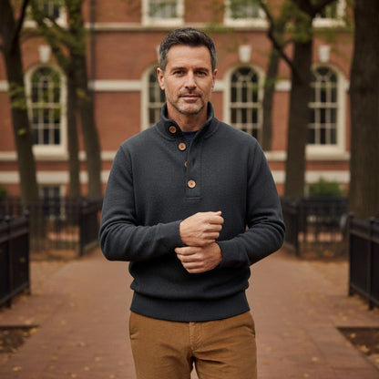 The Waldorf Men’s Gray Luxury Button Neck Knit Sweater