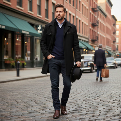 The Windermere Men’s Smart Wool Blend Jacket with Zipper and Button Closure