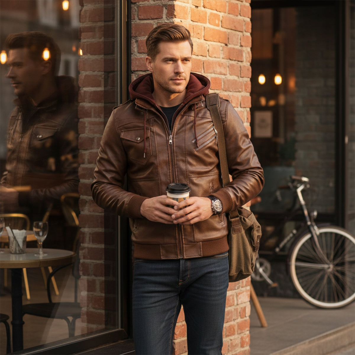 The St Andrews Men’s Retro Hooded Leather Jacket with Pockets