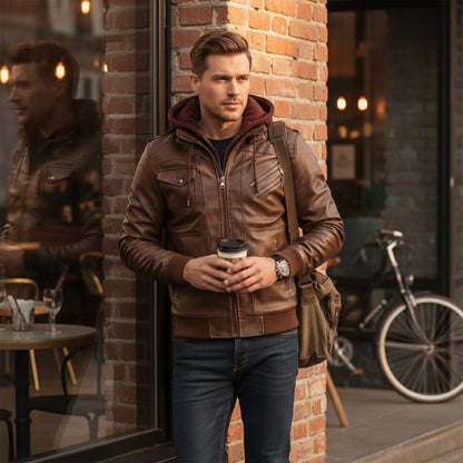 The St Andrews Men’s Retro Hooded Leather Jacket with Pockets