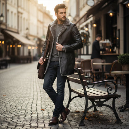 The Montefalco Men’s Button-Up Fur Lined Long Leather Winter Coat