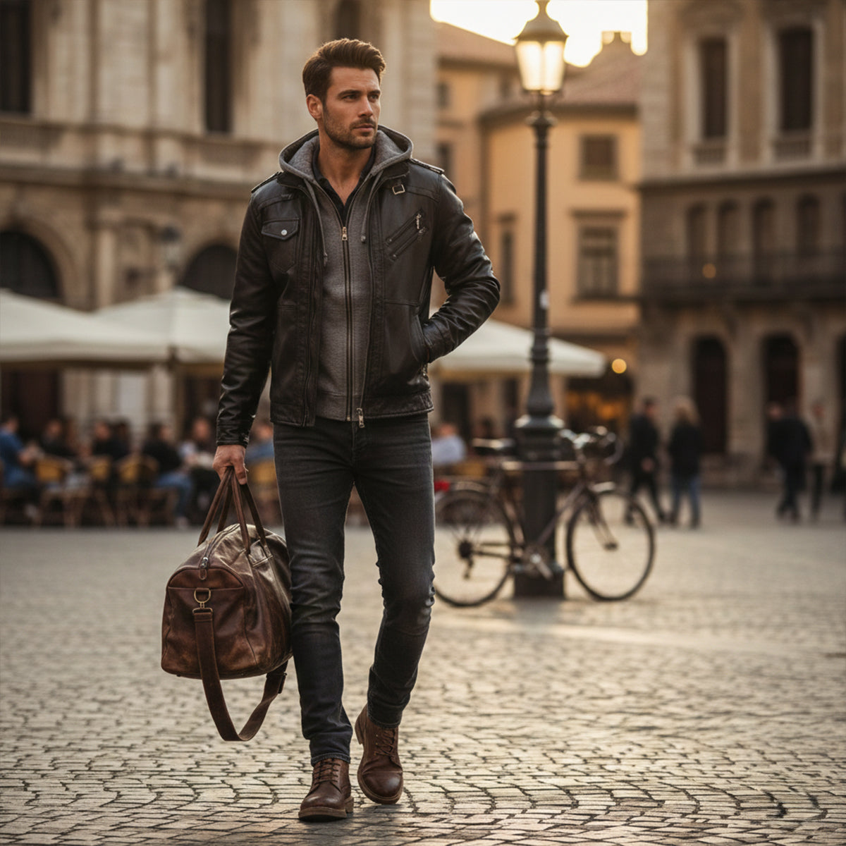 The St Andrews Men’s Retro Hooded Leather Jacket with Pockets