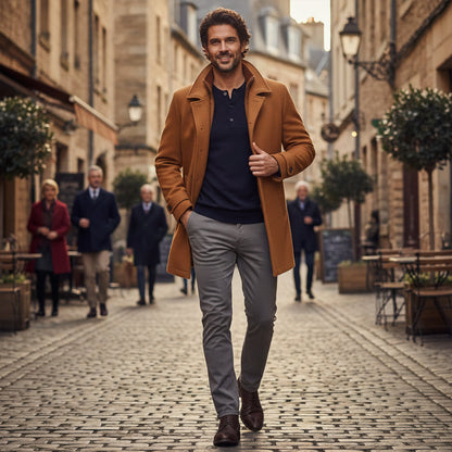 The Windermere Men’s Smart Wool Blend Jacket with Zipper and Button Closure