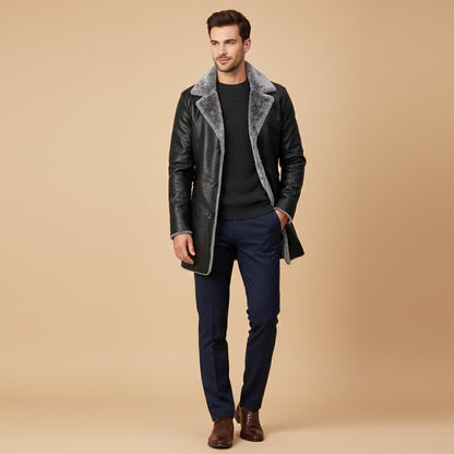 The Montefalco Men’s Button-Up Fur Lined Long Leather Winter Coat