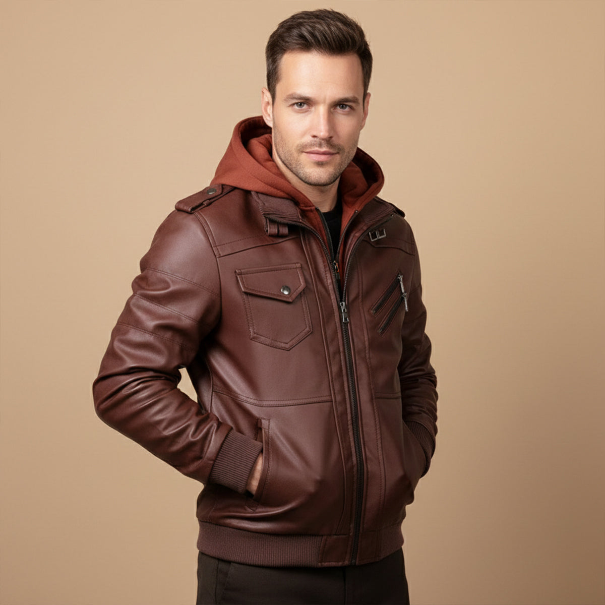 The St Andrews Men’s Retro Hooded Leather Jacket with Pockets