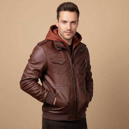 The St Andrews Men’s Retro Hooded Leather Jacket with Pockets