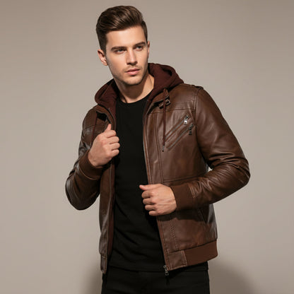The St Andrews Men’s Retro Hooded Leather Jacket with Pockets
