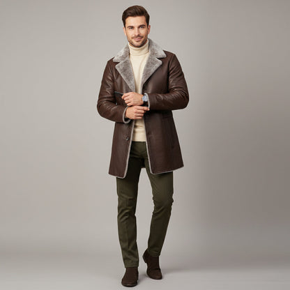 The Montefalco Men’s Button-Up Fur Lined Long Leather Winter Coat