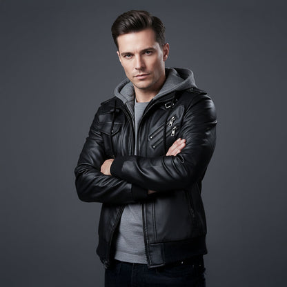 The St Andrews Men’s Retro Hooded Leather Jacket with Pockets