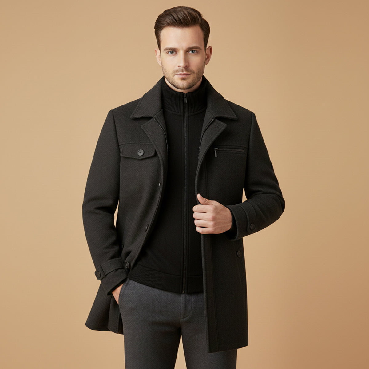 The Windermere Men’s Smart Wool Blend Jacket with Zipper and Button Closure