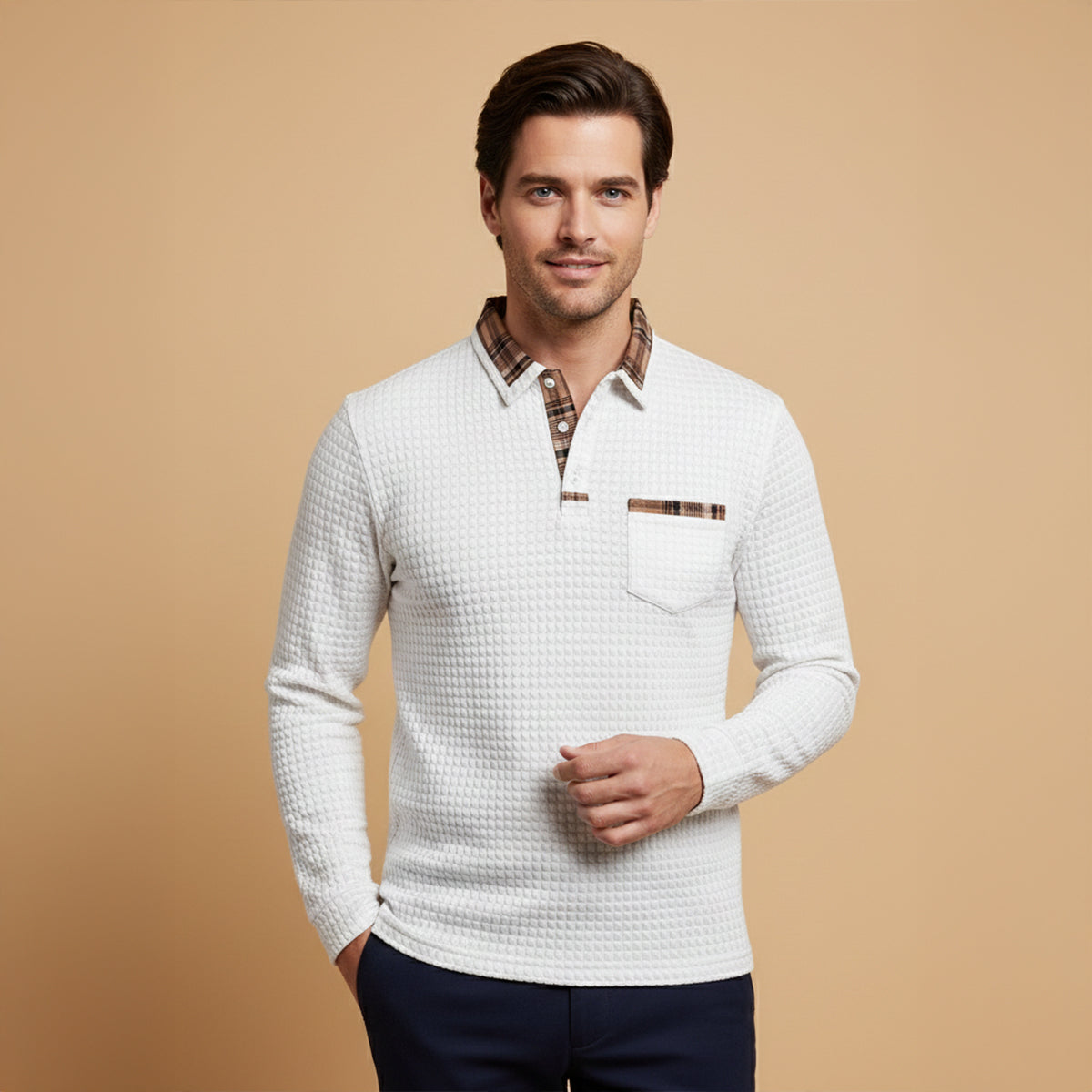 The Saturnia Men’s Waffle Knit Polo Sweater with Plaid Collar