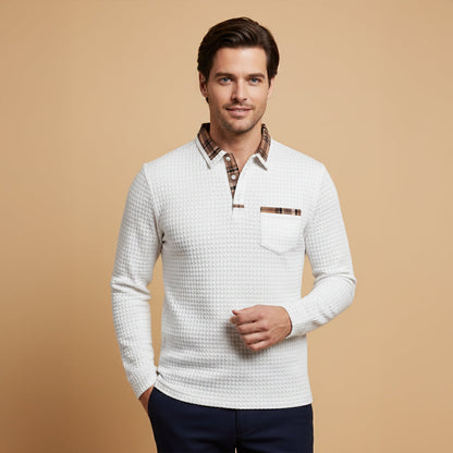 The Saturnia Men’s Waffle Knit Polo Sweater with Plaid Collar