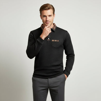 The Saturnia Men’s Waffle Knit Polo Sweater with Plaid Collar